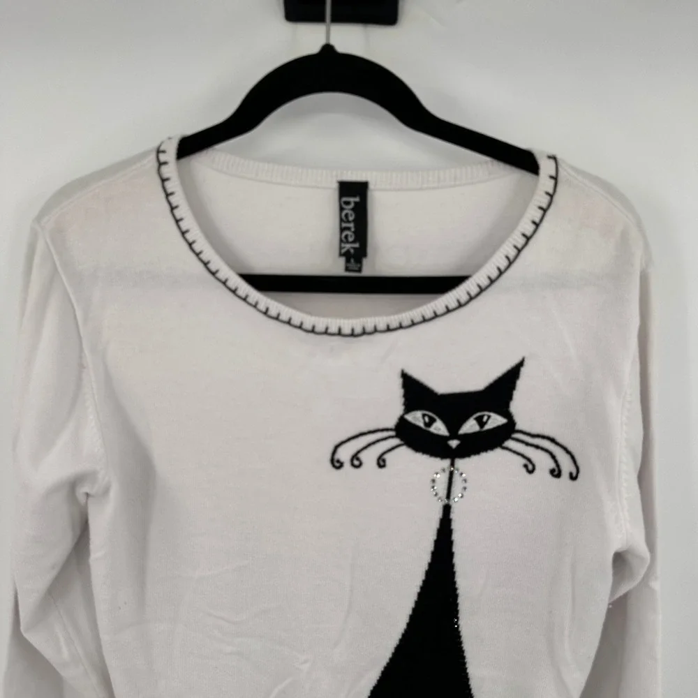 Berek Womens White Black Cat Graphic Knit Sweater Rhinestone Large Whimsical - Picture 2 of 9